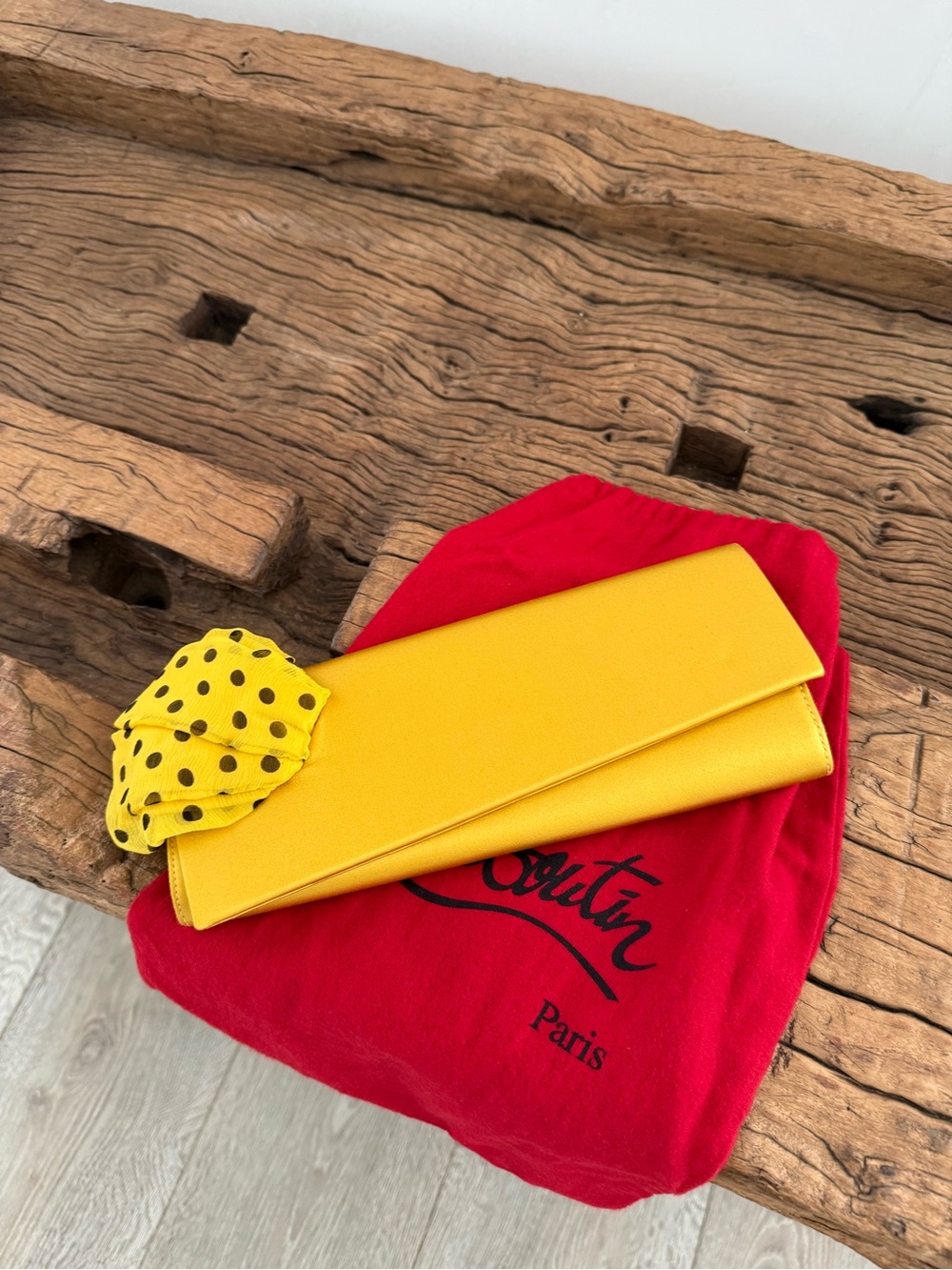 Christian Louboutin Yellow satin  Clutch with polka dot detail, dust bag,COA